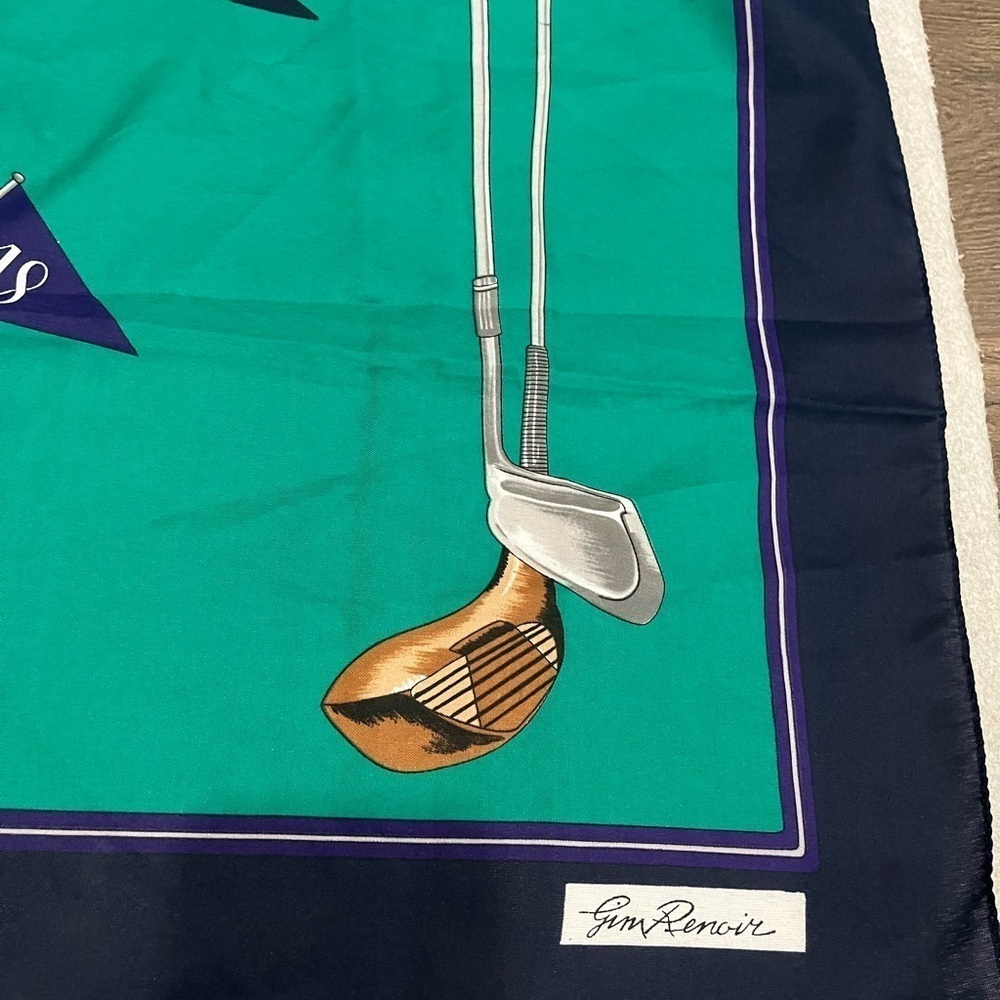 Vintage Jim Renoir 75X75cm STUNNING  Green Golf Themed Scarf Polyester - Picture 2 of 4